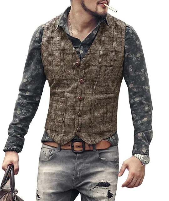 

Mens Suit Vests Men Brown Black Waistcoat Plaid Steampunk Jacket Tweed Vintage Slim Fit Groomsmen Groom gilet Wedding clothing