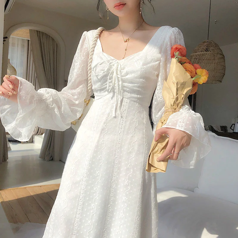 

Dressed in vintage female fairies, elegant dress as fairy designer chiffon long sleeve French party casual midi women's clothing