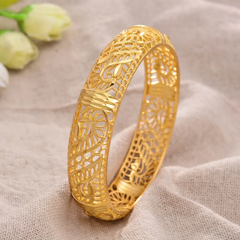 

Can open 1Pcs Flower Dubai Gold Color Bangles Women Girls Jewelry Arab Middle Eastern African Copper Bangles Wedding Gift