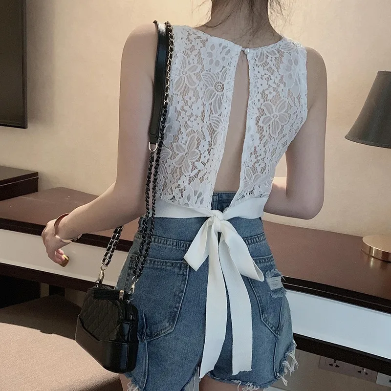 Женские кружевные топы с вырезом на спине летние футболки бантиком повседневные