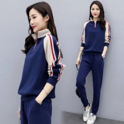 Fall 2021 New Exercise Outfit Women's Long Sleeve Sweater Pants Two-Piece Set Stand Collar Stitching Casual Suit Korean Style