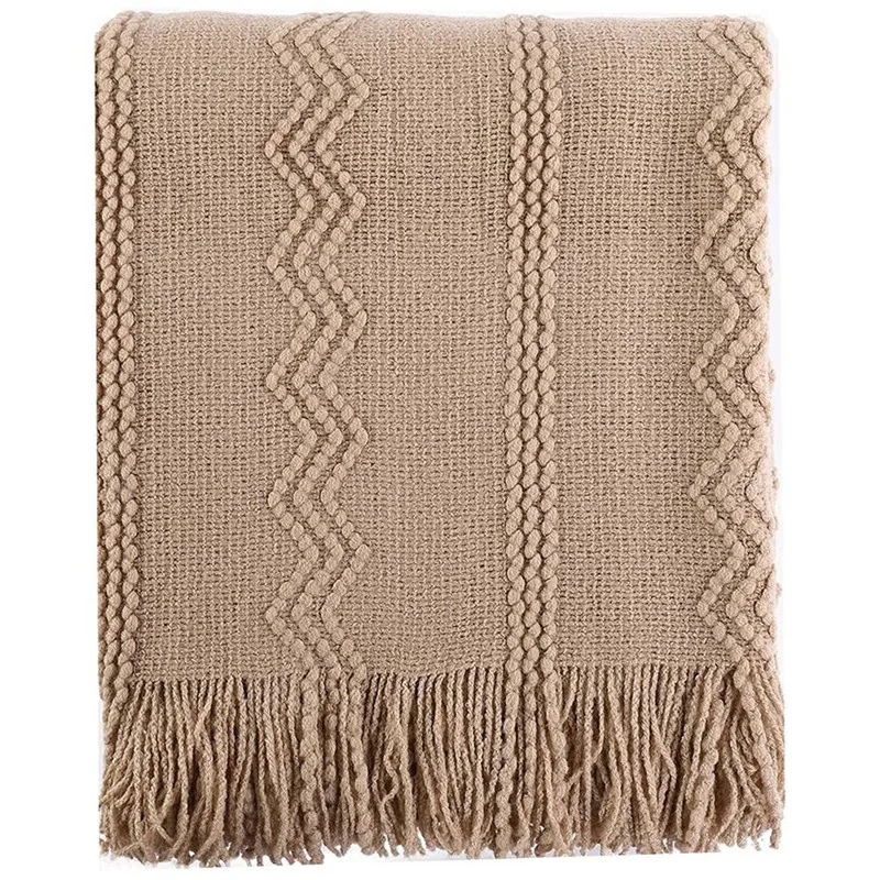 

Knit Throw Blanket Soft Lightweight Textured Decorative Blanket With Tassel For Bed, Couch (Tan, 50Inchx60inch)