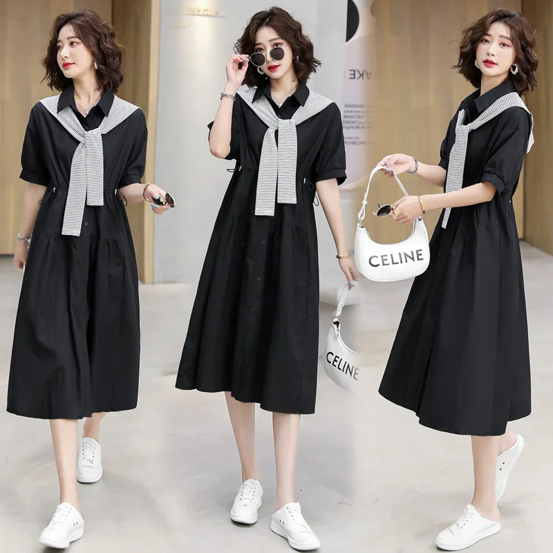 

2021 summer new style loose western style covering belly slimming casual skirt French design shirt dress women
