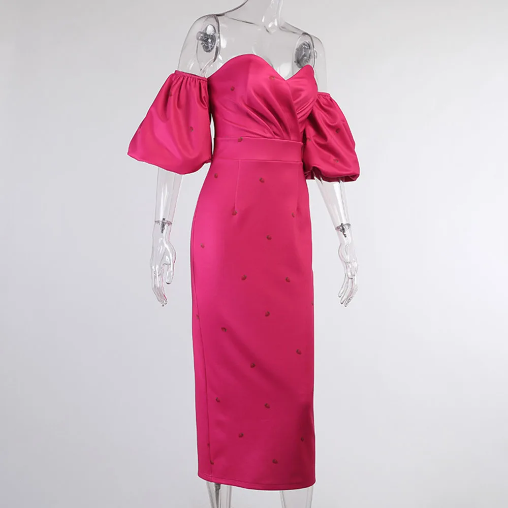 

Red Sexy Strapless Lantern Sleeve Patry Dress Elegant Polka Dot Printing Bodycon Mid-Claf Summer Robe White Backless Dresses