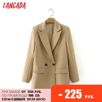 tangada women khaki blazer coat vintage notched collar pocket 2021 fashion female casual chic tops da02