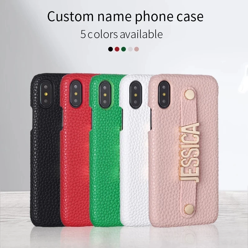 

Holding Strap Metal Personalization Your Name Pebble Grain Leather Phone Case For iPhone 12 11 Pro XS Max XR 7 7Plus 8 8Plus X