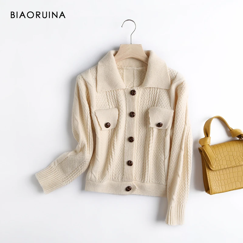 

BIAORUINA Women's Korean Style Single Breasted Solid Casual Knitted Cardigan Turn-down Collar Fashion Loose Thick Sweater