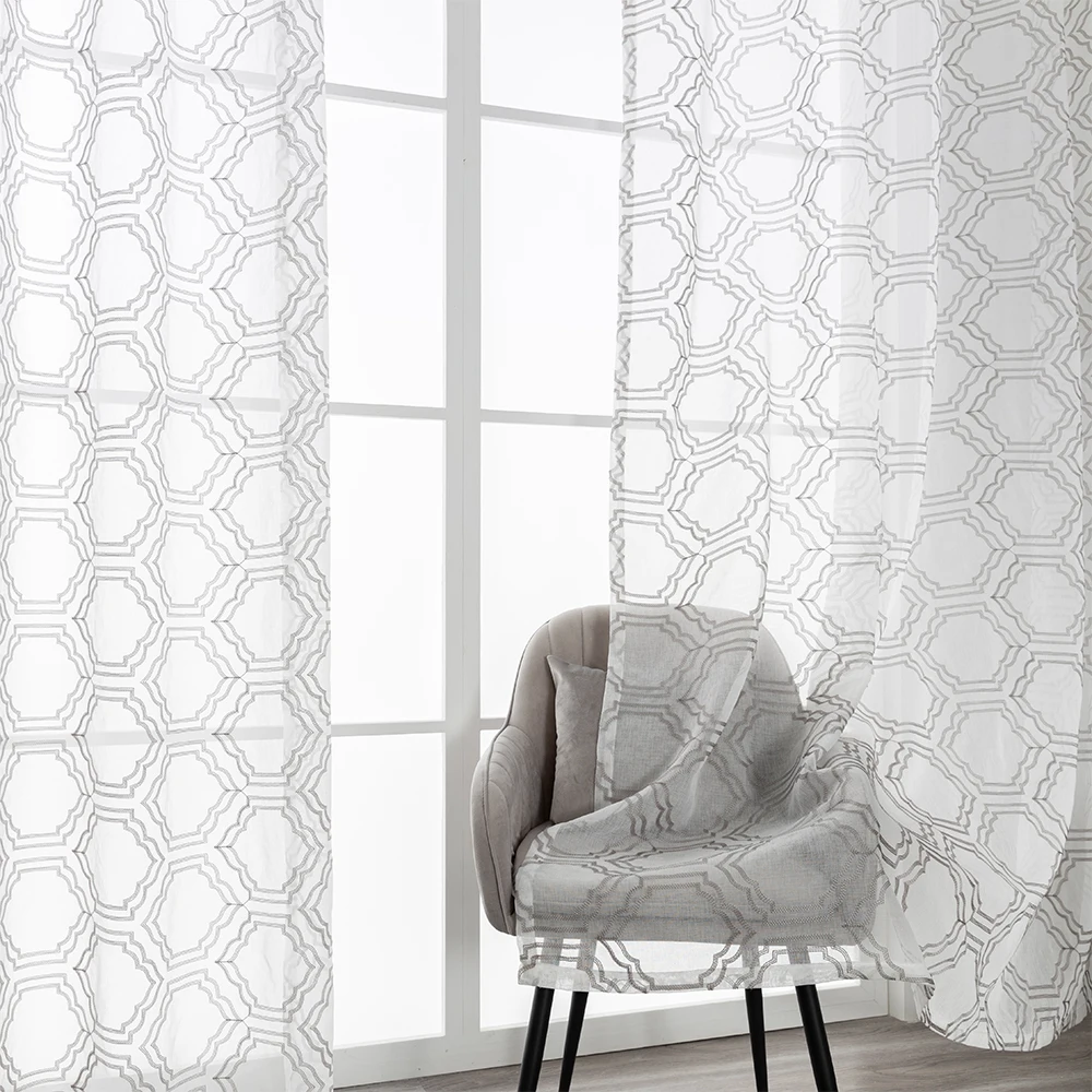 

DK Modern Tulle Embroidered Sheer Curtains for Living Room Voile Tulle Curtains for Window Bedroom Finished Drapes Panels