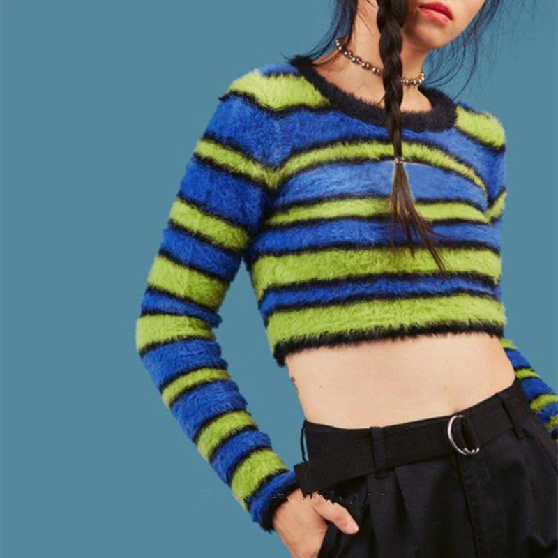 Женский укороченный свитер в полоску повседневный облегающий флисовый теплый