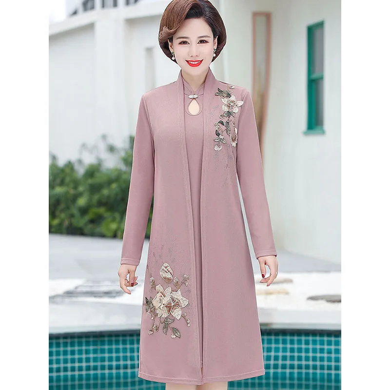 Cheongsam Dress Two-piece Suit Spring Autumn High-end Elegant Middle-aged Women's Embroidered Set Plus Size 5XL 1876 |