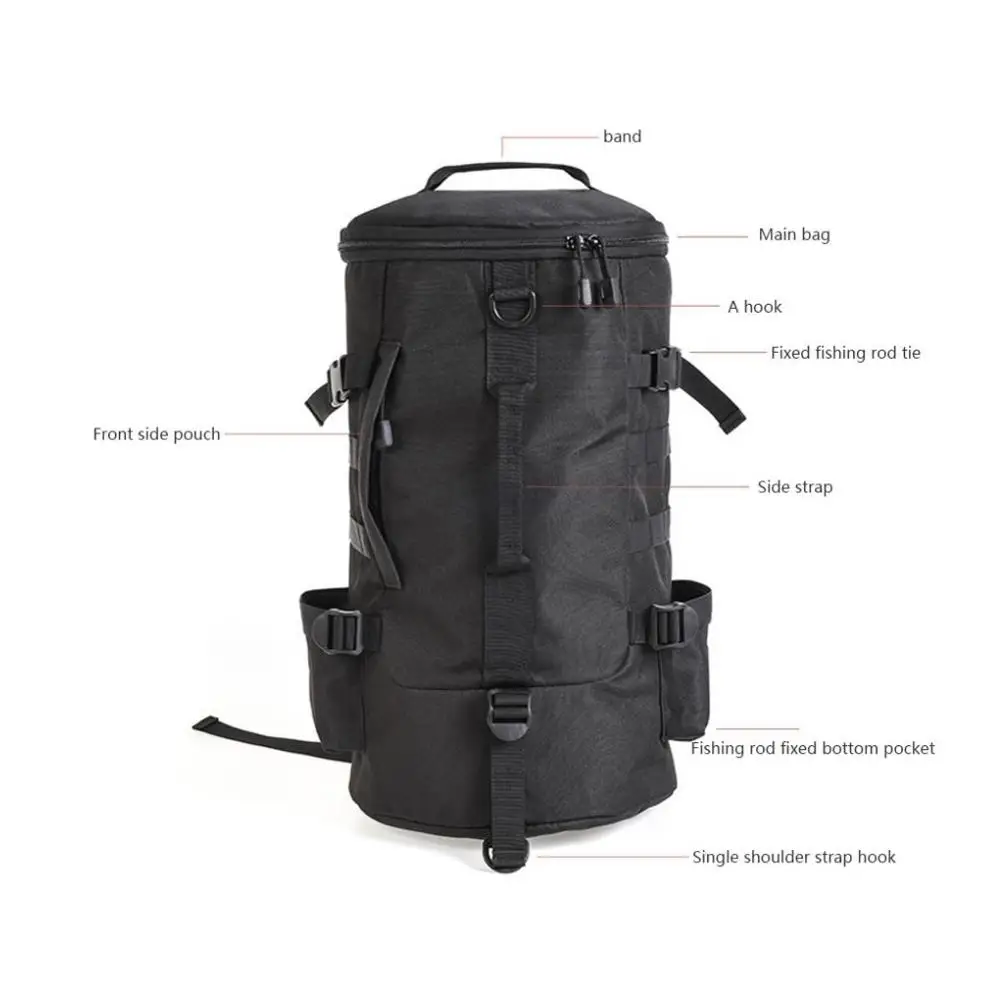 

23L Fishing Bag Folding Black Cylindrical Large Capacity Fishing Tackle Backpack Tackle Storage Bags Travel Carry Bag Black