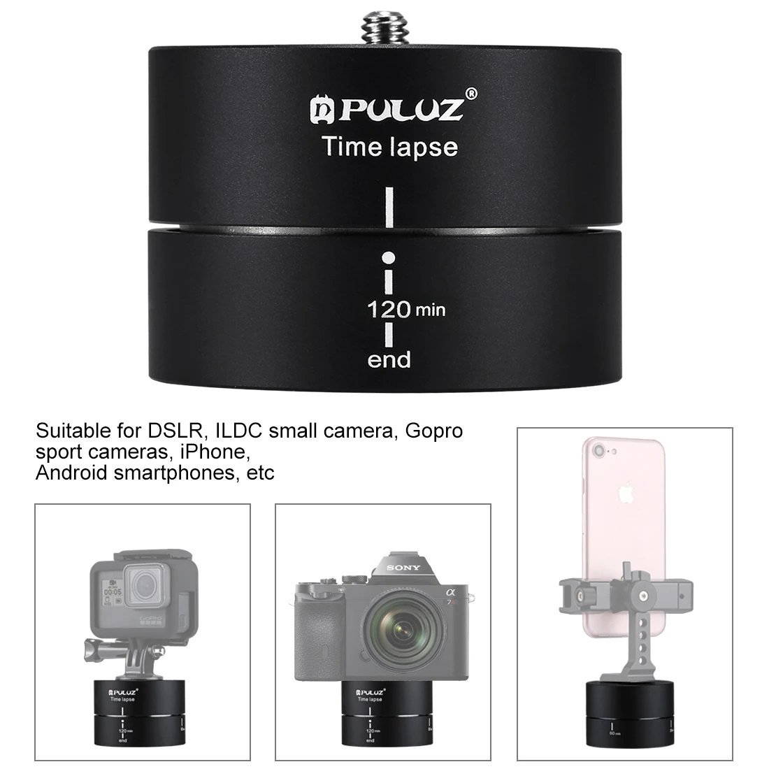 PULUZ Camra Time lapse 360 Панорамное панорамирование вращение 120 минут для Gopro стабилизатор головка штатива 1/4 винтовой адаптер Timelapse