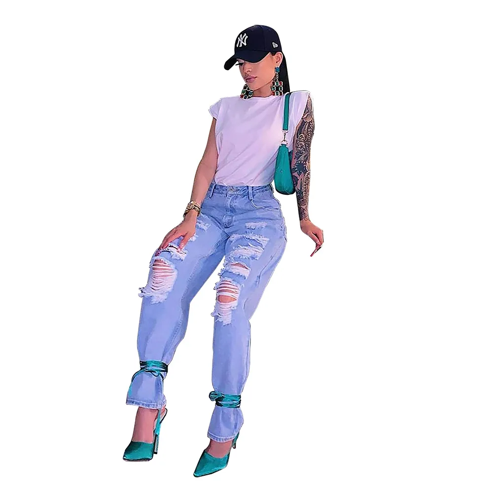 

Spring Summer Wear Light Blue Women Jeans Fashion Holes High Waist Straight Jeans Washed Zipper Pockets All Matching Jeans Girls