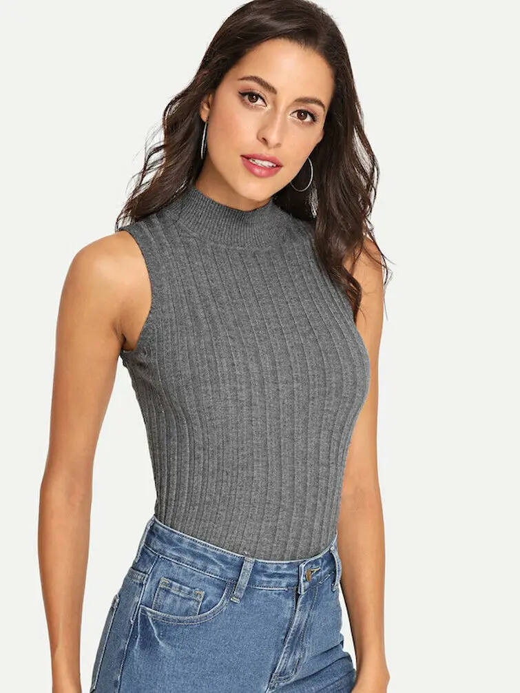 Женская Повседневная водолазка без рукавов модный однотонный вязаный пуловер