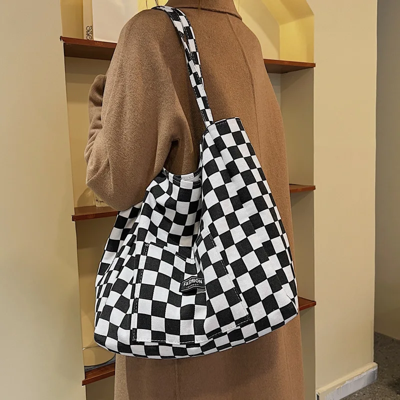 

2022 New Fashion Checkerboard Women's Canvas Bag Autumn and Winter Big Shoulder Tote Bag Large Capacity Shopping Purses Handbag