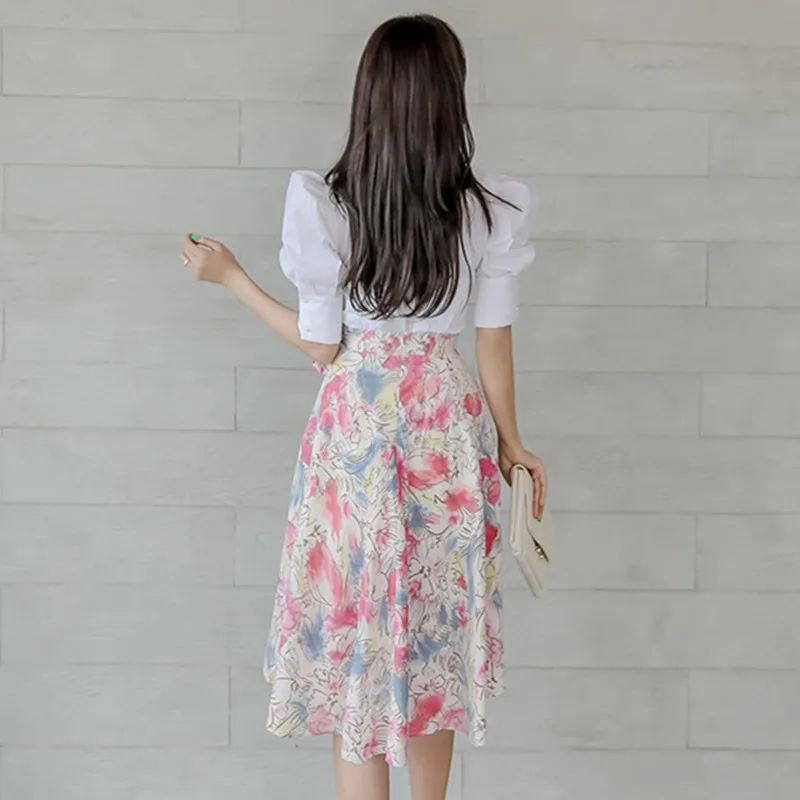 

2020 Summer Luxury Runway Office Women Two piece Set Chic Single Breasted Blouse Shirt+Bow Lace-up Print Skirt Sweet Female Suit