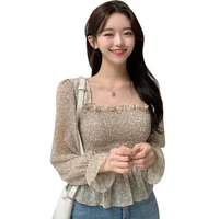 sexy blouse for women korean floral tops square collar early spring autumn halter bubble chiffon shirt light green