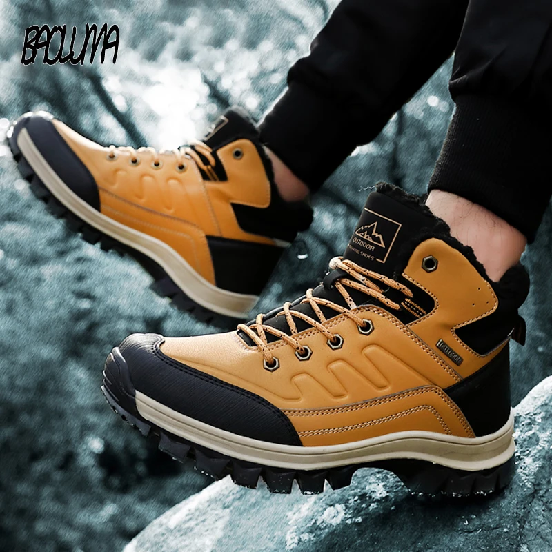 Брендовые зимние мужские ботинки теплые меховые водонепроницаемые ботильоны