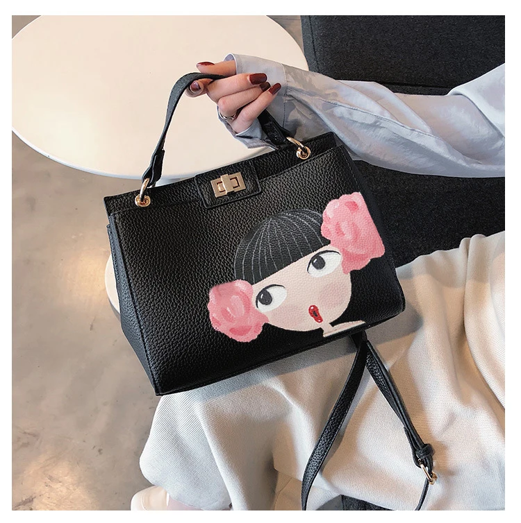 

Luxury Handbags Women Bags Designer Litchi Grain Genuine Leather Top-handle Bags Doodle Women Bag Female Shoulder Bag