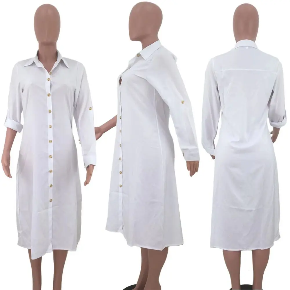 

Fashion White Shirt Dress Elegant Office Ladies Long Sleeve Loose Plain Turn Down Collar Female Plus Size Midi Dress Summer