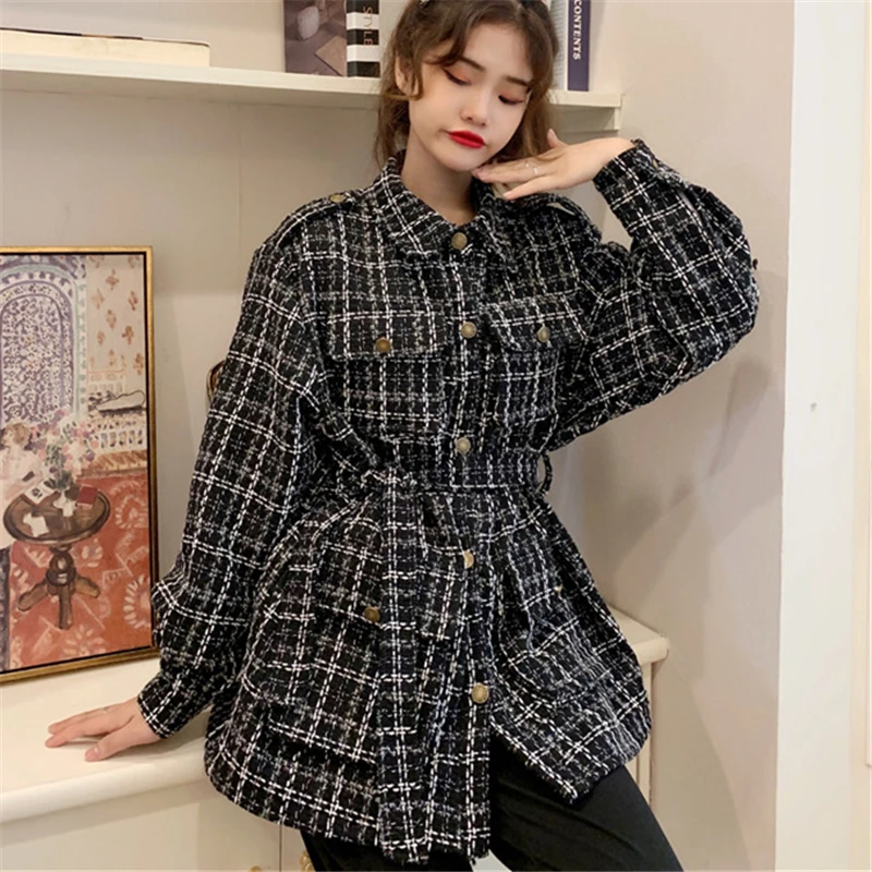 

2021 Spring Autumn Fashion New Style Small Fragrance Plaid Retro Temperament Long-Sleeved Woolen Coat Women Trendy H237