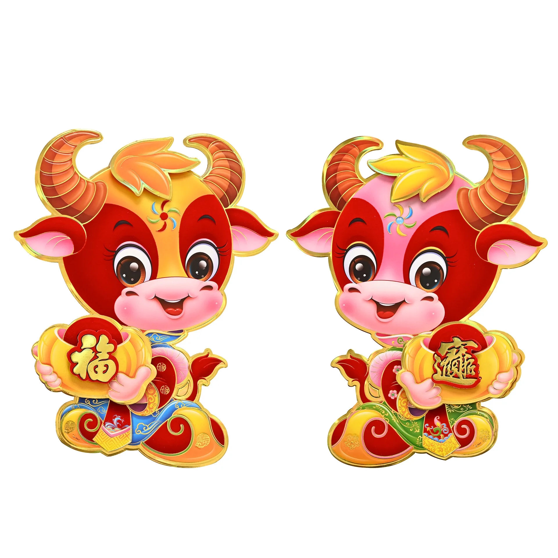 

2021 Year of the Ox new stereo Zodiac door stickers flocking New Year pictures Spring Festival supplies blessing door stickers