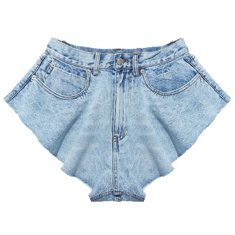 

Fashion 2021 Summer and Autumn Sexy Mid-waist Waist Bag Zipper Loose Ruffled Hem Big Wide Leg Lace Up Mini Denim Shorts Women