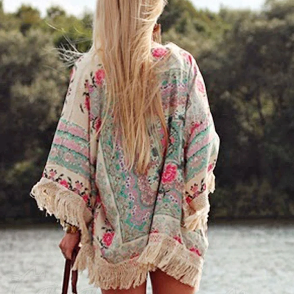 Женская шаль с принтом кардиган кисточками модная Пляжная накидка типа летучая