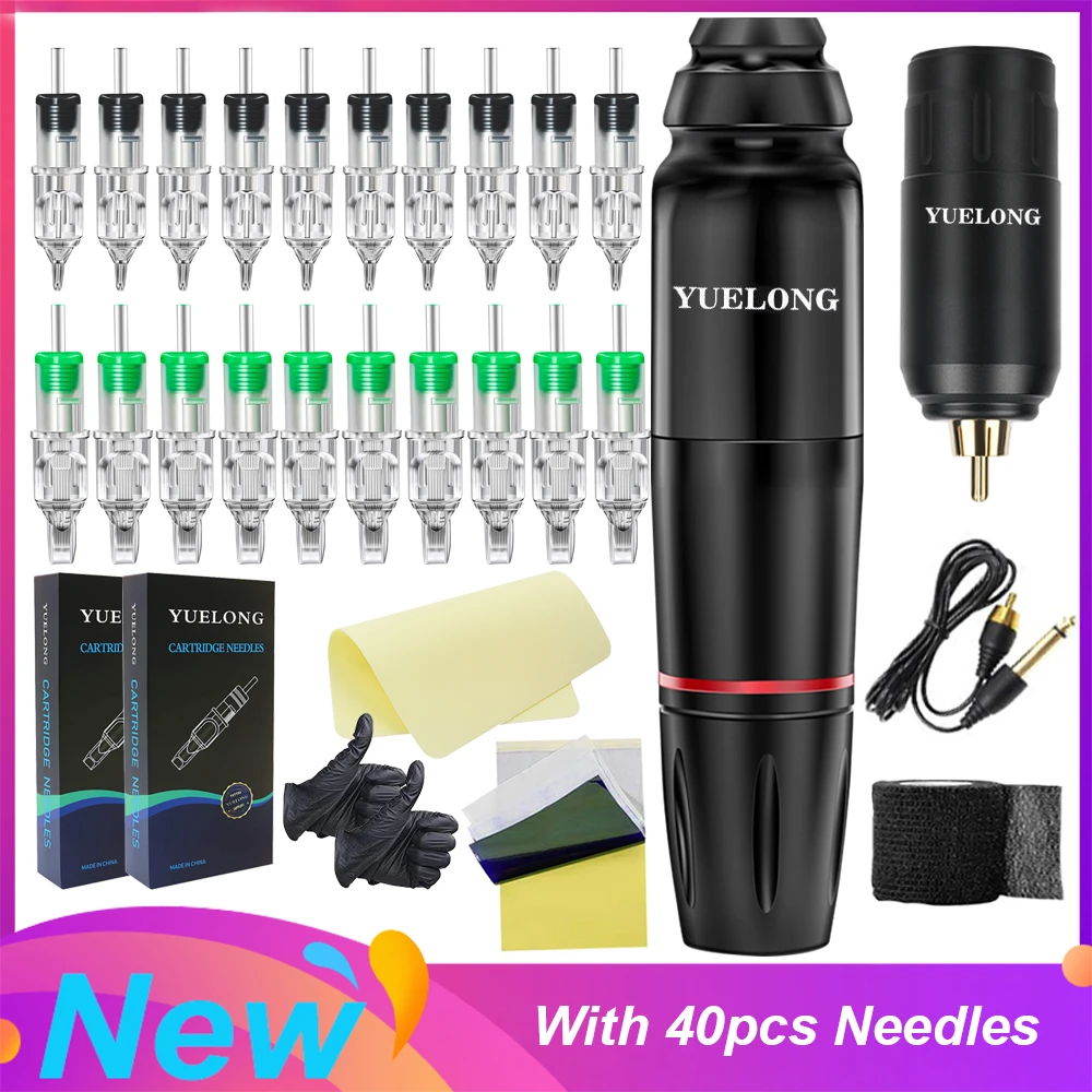 

YUELONG Tattoo Machine Pen Kit with Wireless Power Supply 40pcs Cartridges Needles for Professional Tattoo Supplies
