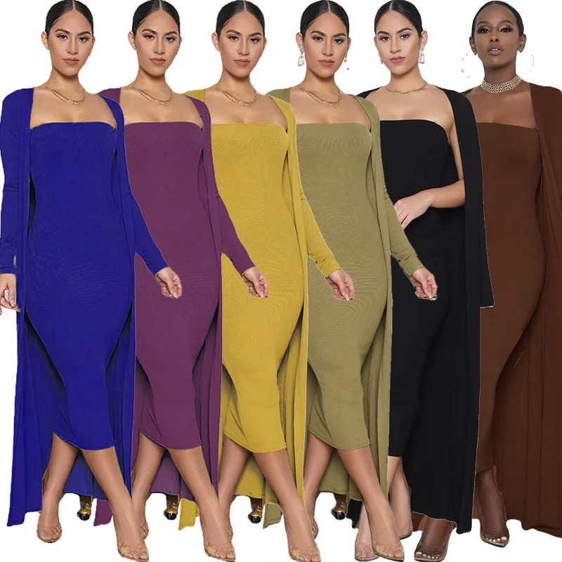 

Autumn Dress Sets Matching Set Strapless Midi Dress Long Sleeve Long Cardigan 2 Piece Set Women Summer 2021 Conjuntos De Vestido