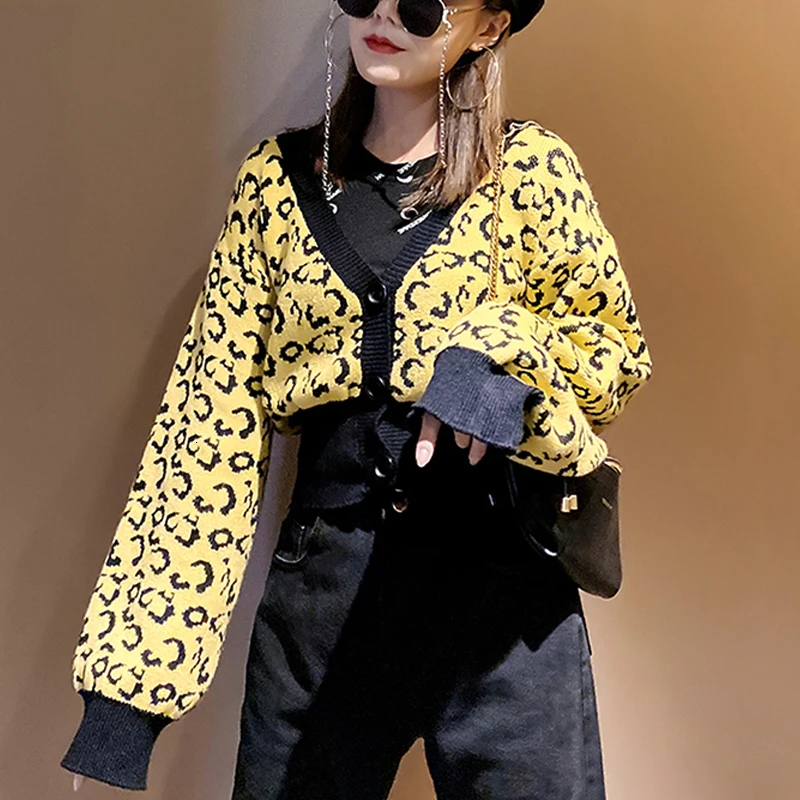 Женский вязаный кардиган с длинным рукавом Леопардовый Короткий Повседневный
