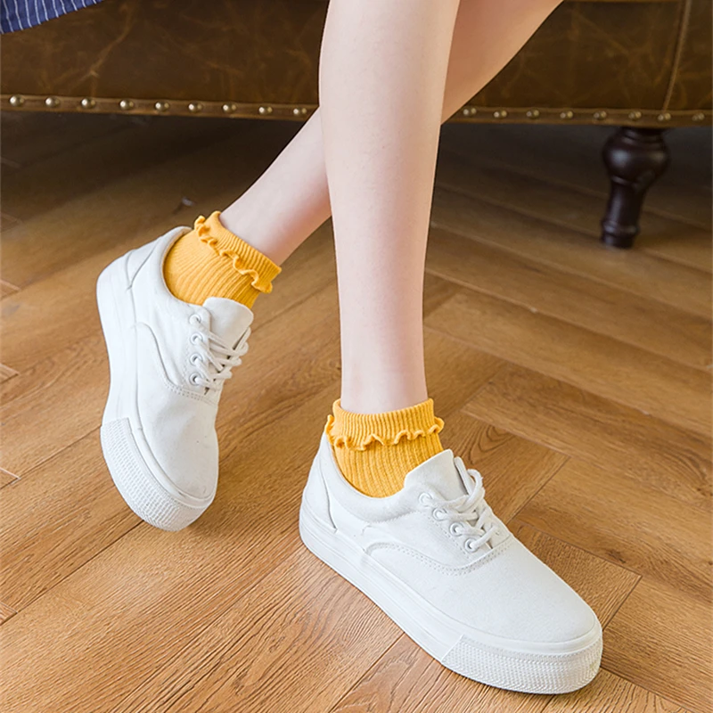 Однотонные носки с оборками по краям в стиле ретро женские милые японском для