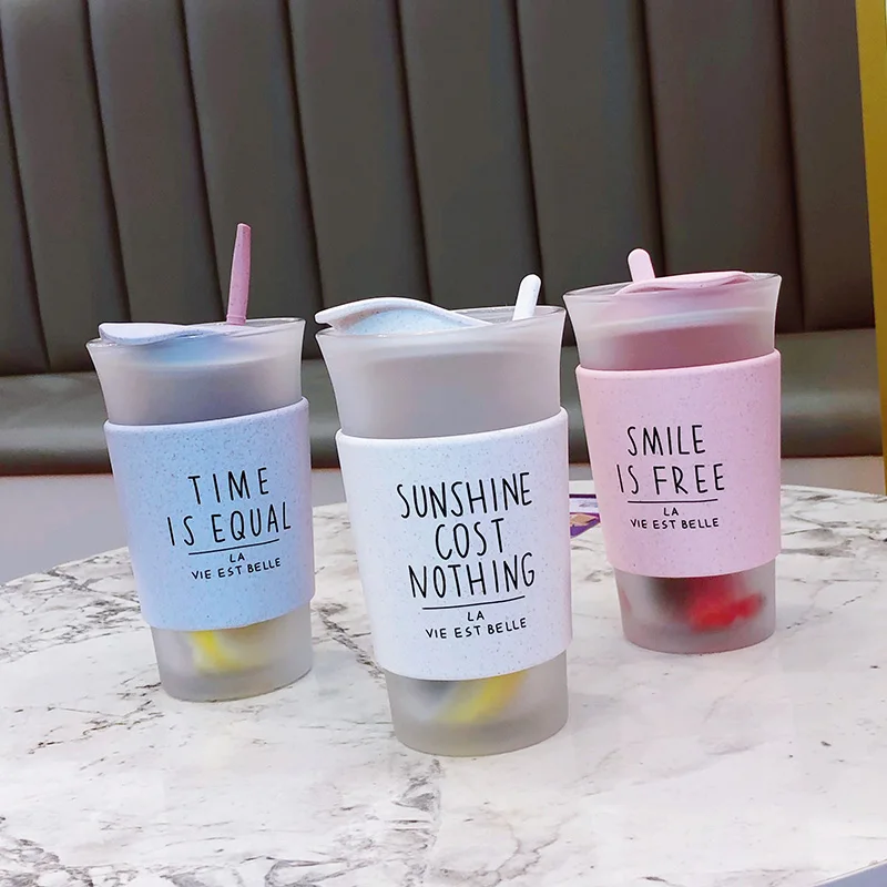 

Korean Style Glass Water Bottle with Straw And Lid Spoon Office household Breakfast milk scald proof Coffee Cup