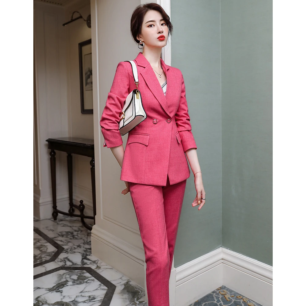 

Fashion Autumn Elegant 2 Piece Set Pink Business Pant Suits Female Blazer Jacket Trousers Office Lady Work Wear Plus Size 4XL