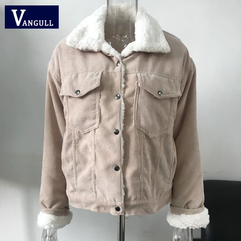 Vangull Corduroy Jacket Thick Velvet Women Jackets Winter New Warm Solid Outerwear Long Sleeve Vintage Short Women Coat