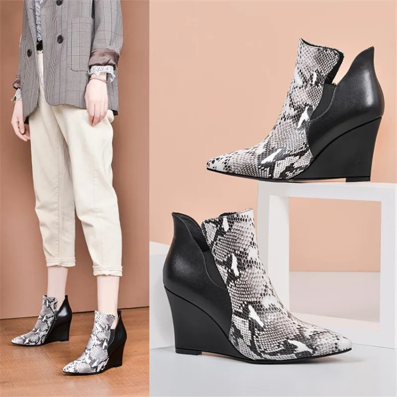 

Winter Women Boots Pointed Toe Zipper Comfortable Wedges Super High (8cm-up) Snake Print Sexy Fashion Short Boots Item No.F99-1