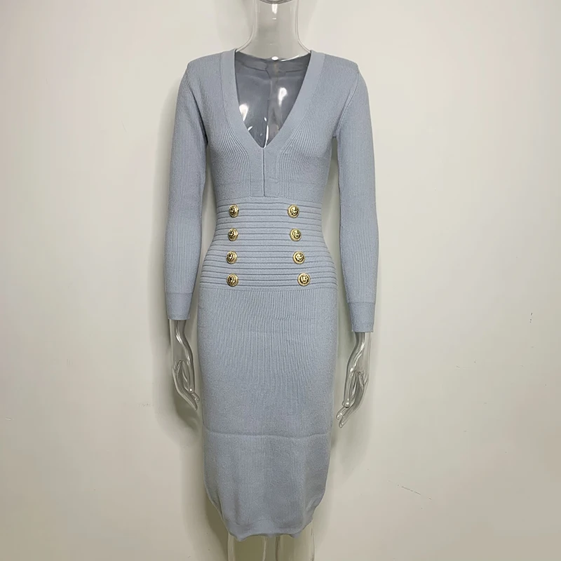 Женское винтажное вязанное платье с v-образным вырезом и длинным рукавом