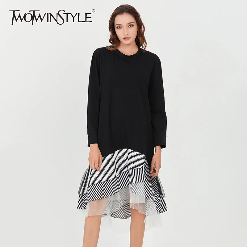 Женское свободное платье TWOTWINSTYLE Повседневное в полоску с круглым вырезом и