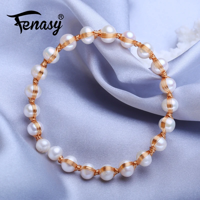 

FENASY White Real Natural Freshwater Oval Pearl Bracelets & Bangles For Women Wedding Engagement Jewelry