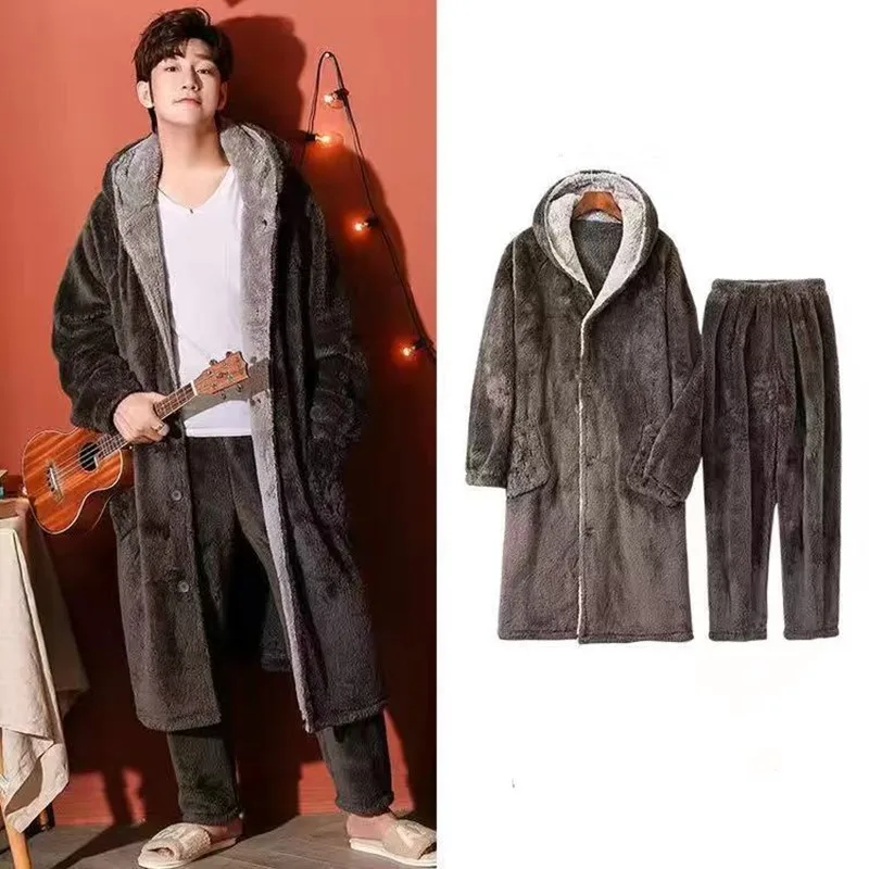 Winter Men's Nightgown Suit Soft Warm Coral Fleece Nightgown Pajamas for Men Warm Bathrobe Gown Robes Sets pyjama pour femme