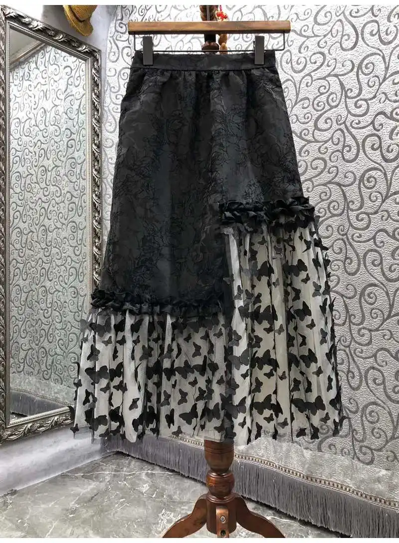 2022 Spring Summer Fashion Long Skirts High Quality Ladies Sexy Tulle Mesh Patchwork Casual Vintage Jacquard Print A-Line Skirt