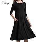 Женское платье-миди Yming, черное вечерние элегантное офисное платье с рукавами, карманами, рюшами и круглым вырезом, пляжный сарафан, повседневное платье, 34