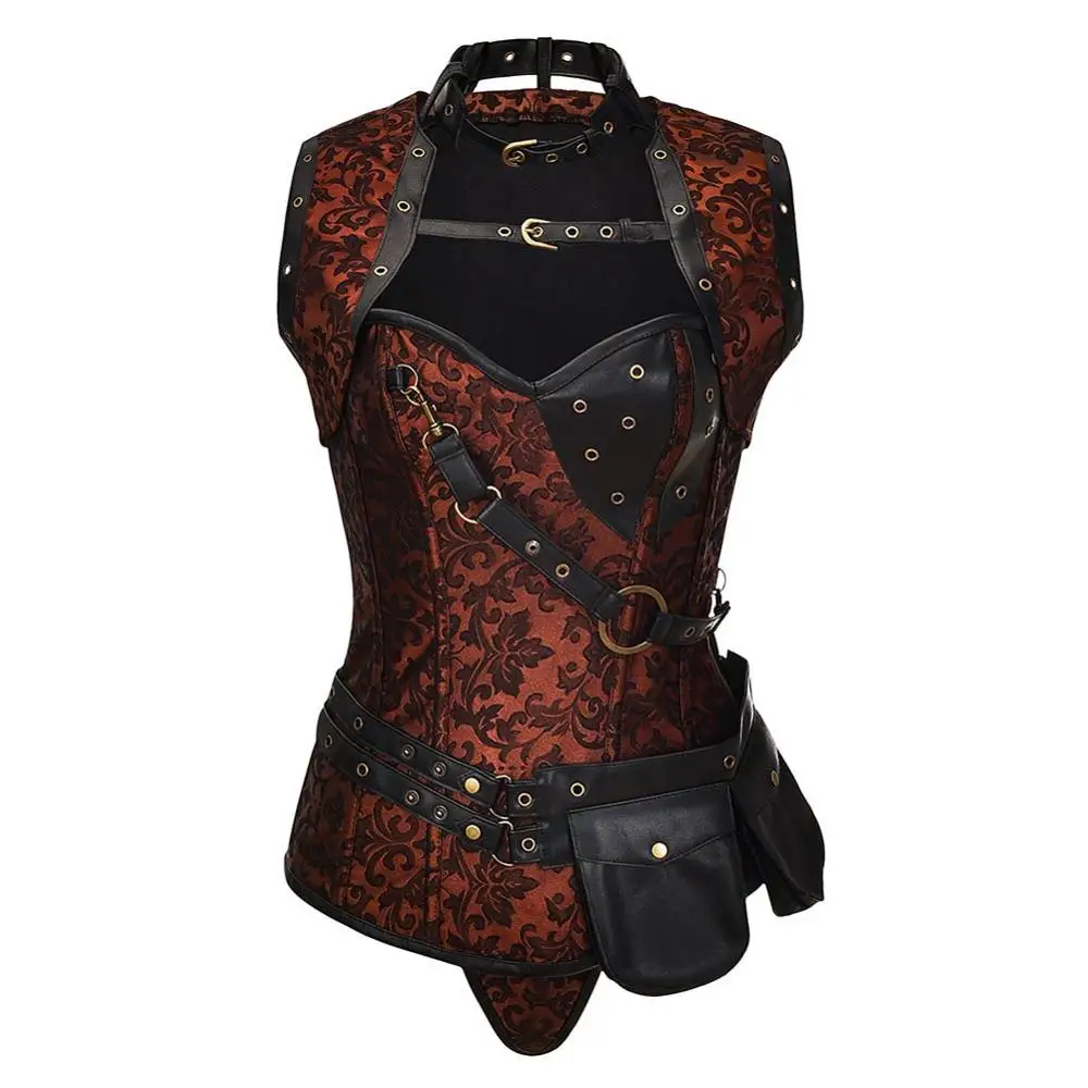 Brown Jacquard&Leather Steampunk Bustier Lolita Gothic Style Corsets Waist Slimming Trainer Clothing Corset&Bustiers For Women