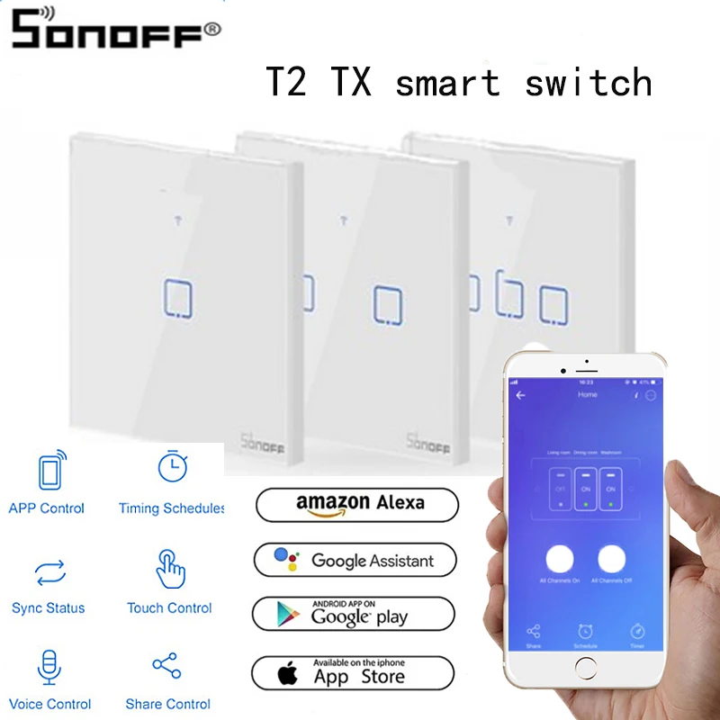 Интеллектуальный выключатель света SONOFF T2 TX Smart закаленное стекло Панель 1 / 2 3