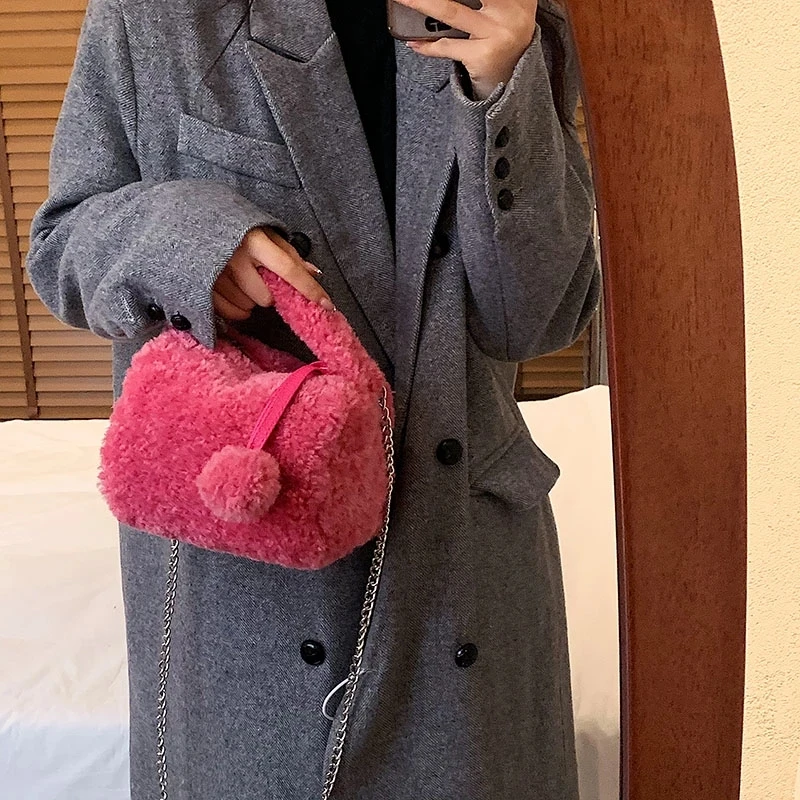 

Mini Hairball Design Shoulder Bags Plush Faux Fur Lambswool Tote Bag Winter Women's Handbag Bucket Crossbody Bag Short Handle