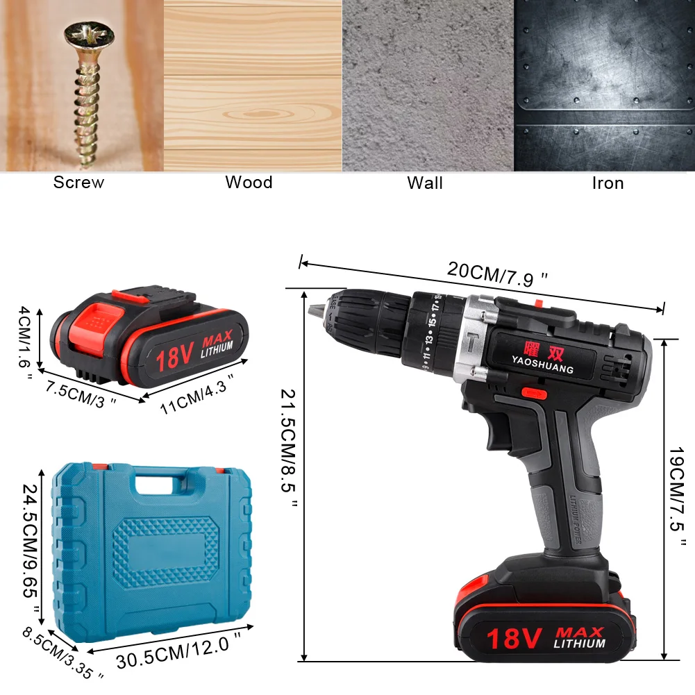 EU/US/UK Plug18V 2 Скорость аккумуляторная ударная Ударная дрель Мощность дрель драйверы Мощность Сверла Набор отверток с Пластик чехол
