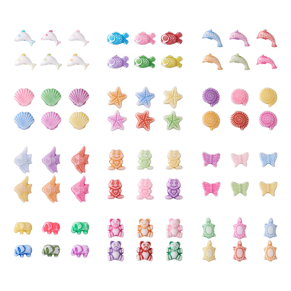 

330pcs 12 Shapes Ocean Theme Acrylic Beads Mixed Color Starfish Dolphin Fish Shell for Jewelry Making DIY Crafts