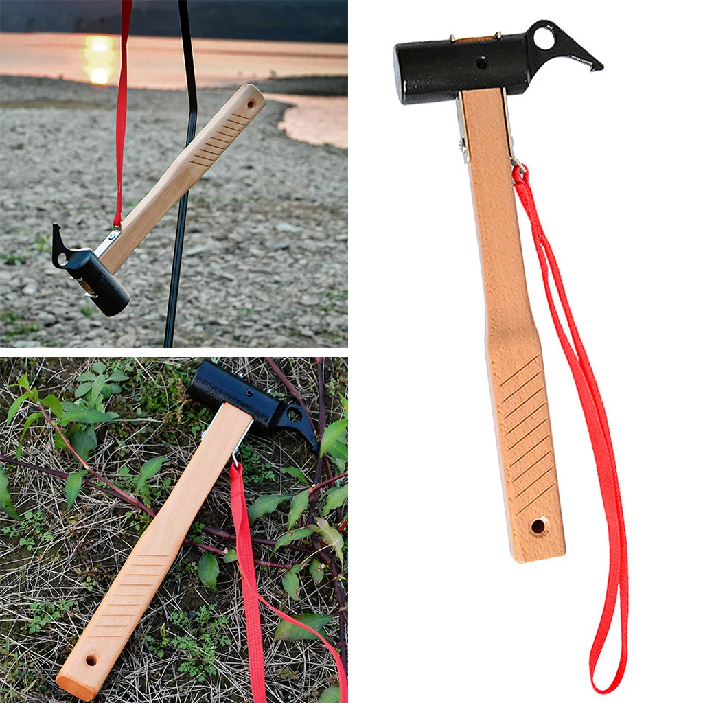 

Camping Hammer Heavy Duty with Tent Stake Remover, 12.2" Cast Iron Tent Hammer - Wood Handle Tent Mallet with Holding Strap