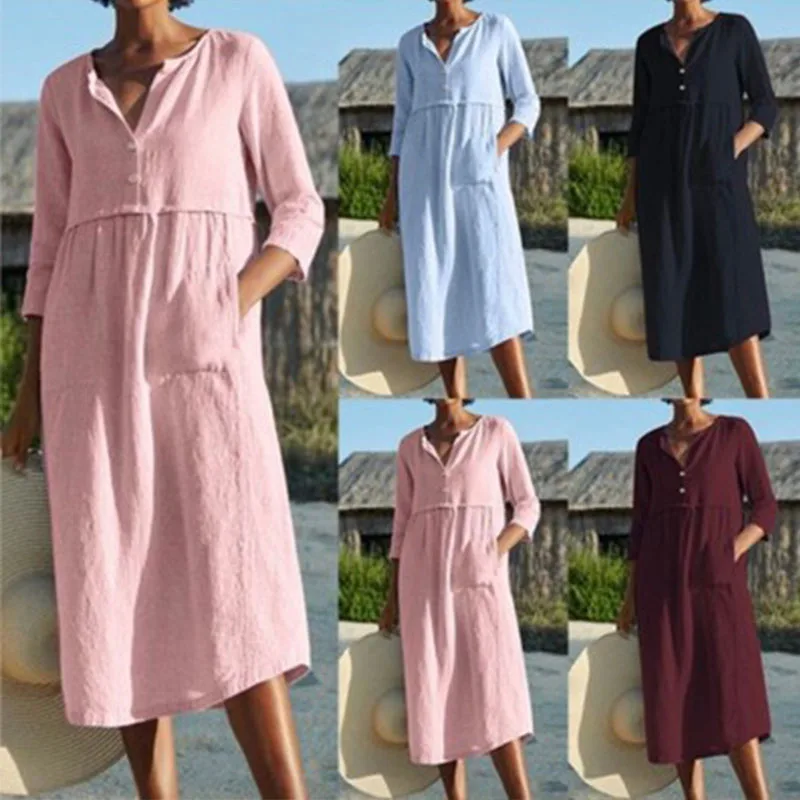 

Casual Women Linen Cotton Pocket Dress Autumn Half Sleeve Button Party Dresses Ladies Loose Pocket OL Style Dress Plus Size