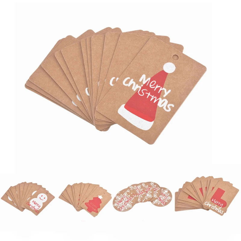 

50Pcs Cute Merry Christmas Kraft Paper Card Hang Tag Label Card Ornaments for Christmas Tree Toppers Decor Home Party DIY Gifts